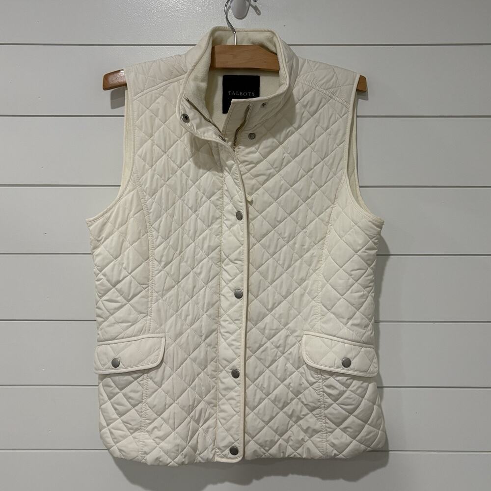 Talbots | Vest Cream Quilted Sleeveless Snap Zipper Front Pockets- Size Large